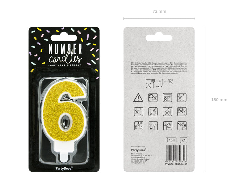 Vela Numero 6 Glitter Gold